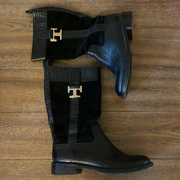 TORY BURCH Corey Coconut Croc Embossed Leather Cap Toe Mid Calf Boots - Picture 2 of 3
